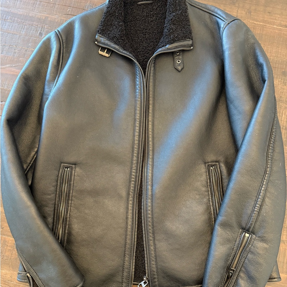 Black Faux Leather Jacket with Shearling Collar